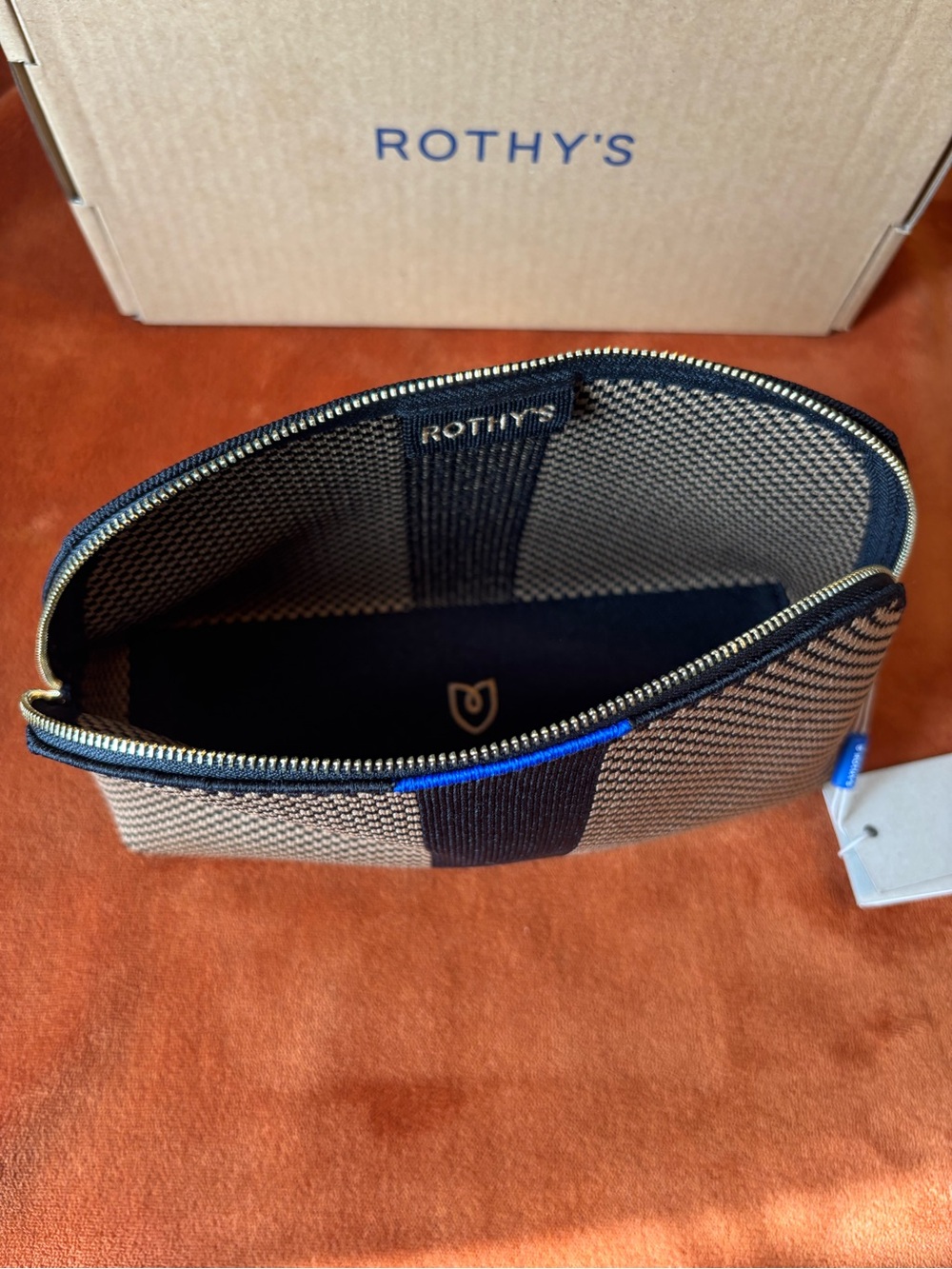 Rothy's Black and Tan Check Mini Toiletry Pouches with Blue Accents - Picture 4 of 8